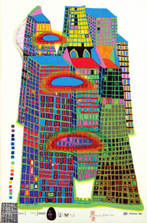 Hundertwasser - Good Morning City - Bleeding Town - series CC - 1969 color screenprint